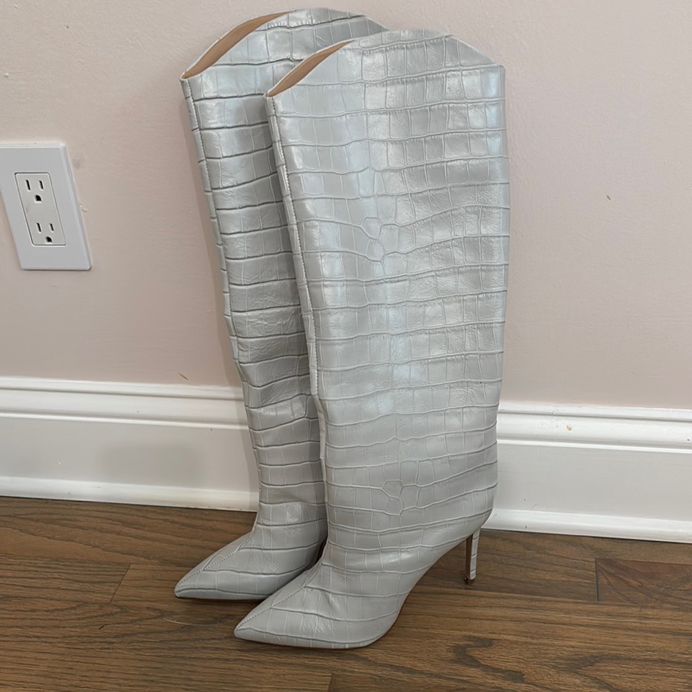 Schutz Gray Croc-Embossed Knee-High Boots